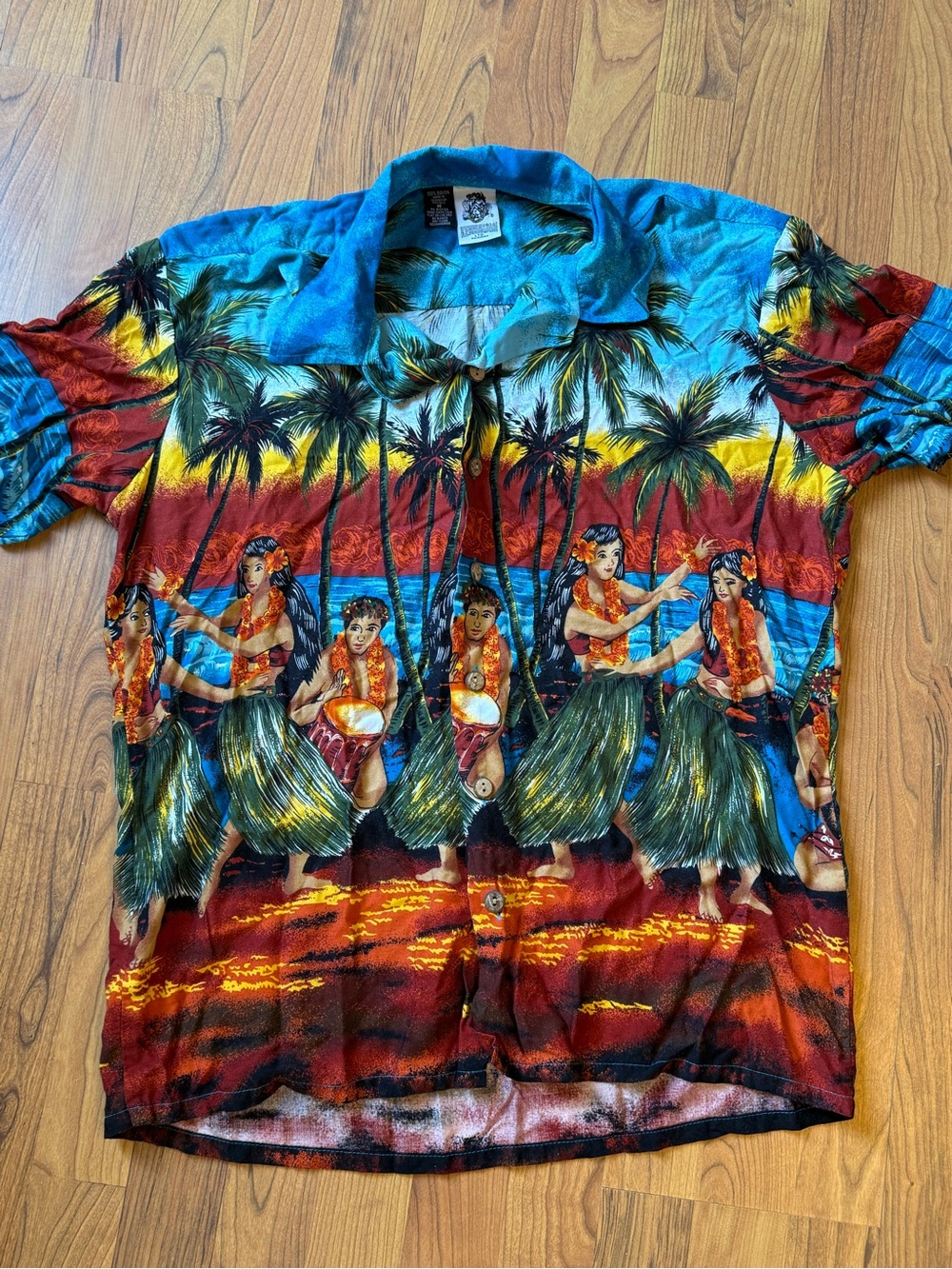 80s/ 90s VTG Tropical Hula Print Short Sleeve Shirt - Blue/Red Kennington M
